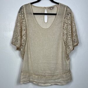 Azucar Beige Linen Lace Detailing Short Sleeve Top Blouse Size M